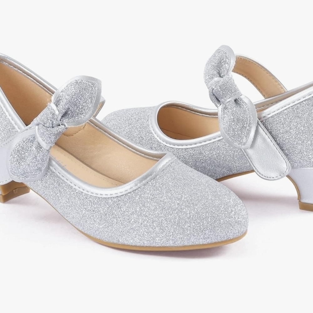 Glittery Silver Dress Shoes for Kids with Bow
